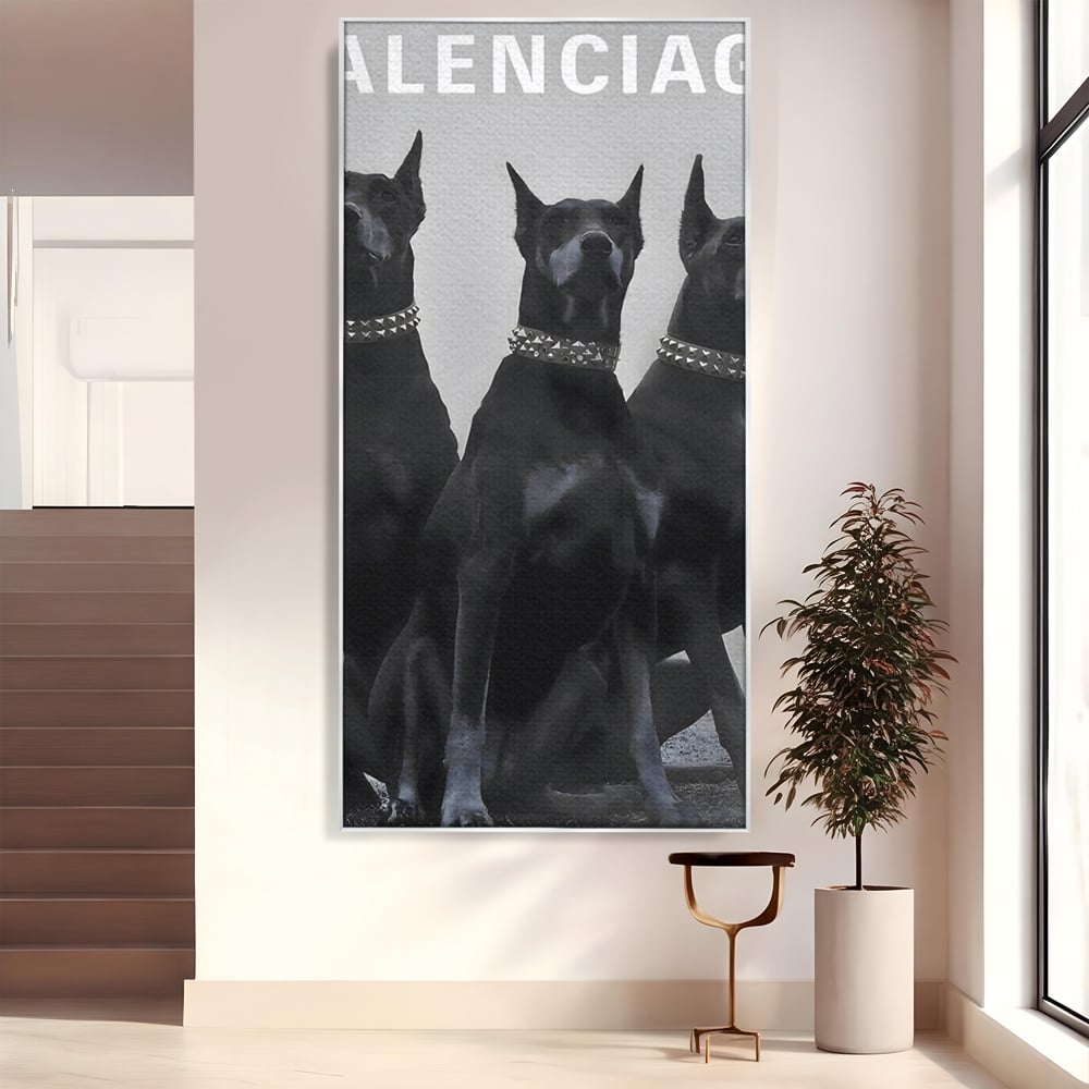 Tablou canvas cu tablou canvas cu trei dobermani, in rama de aluminiu argintiu